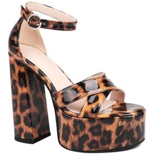 WOkismD 14CM Lederen Vernis Dikke Zool Dikke Hak Plus Size Vrouwen Zomer Schoenen Sexy Sandalen, bruin, 39 EU