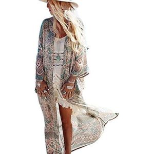 Bsubseach Kimono, dames, groene print, badpak, bedekking, strandkleding, open voorkant, cardigan, badmode, kaftan