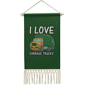 I Love Garbage Vuilniswagens Linnen Tapestry Vintage Wanddecoratie met Kwastje Wandkunstwerk Decor Klaar om op te hangen