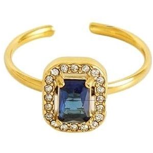 Damesbloemring roestvrij staal liefde vierkant dubbellaags diamant 18K ring live mond verstelbare zirkoonring (Color : Flower [Blue]_Adjustable)