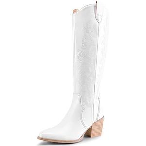 DREAM PAIRS Vrouwen Cowboy Laarzen Brede Kuit Comfortabele Trek Op Rits Grove Hak Puntige Teen Geborduurde Westerse Cowgirl Knie Hoge Laarzen Dames Retro Hoge Boot, Wit, 38 EU