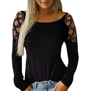 Yivise Casual T-shirts met lange mouwen voor dames, uitgesneden uitgesneden strass losse koude schouder tops blouse plus size, Zwart, M