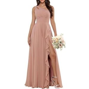 Dames chiffon bruidsmeisjes jurken met split lange galajurken ruches cocktailjurk plus size, Stoffige Roos, 32