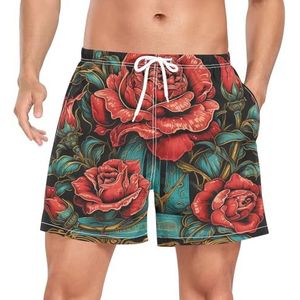 Red Rose Flower Europese Stijl Heren Zwembroek Board Shorts Sneldrogende Trunk met Zakken, Leuke mode, S