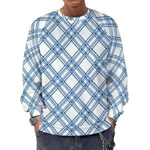 Blauw geruit sweatshirt met ronde hals en lange mouwen, lichtgewicht casual pullover tops