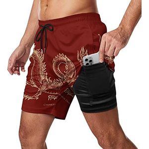 Chinese Dragon Mythological Zwembroek voor heren, sneldrogend, 2-in-1 strandsportshorts met compressieliner en zak