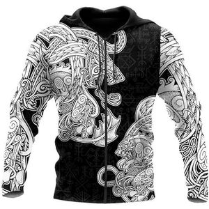 Nordic Heren Viking Rits Hoodie, 3D Bedrukte Kleding Rune Totem Volledige Rits Pullover Outdoor Grote Zak Trekkoord Capuchon Harajuku Jas (Color : A, Size : 3XL)