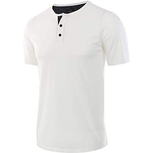 Henley-overhemden for heren Zomer slim fit effen ademend T-shirt met drie knopen Geschikt voor jongeren (Color : White, Size : XL)