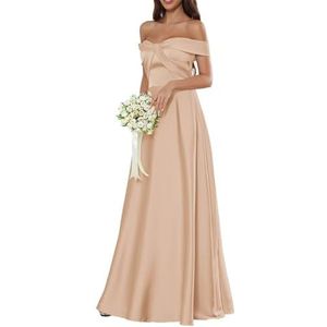 HPPEE Off-shoulder satijnen bruidsmeisjesjurken voor dames, mouwloos, A-lijn baljurk lange galajurk, Roségoud, 32