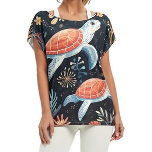 Kinderen Cartoon Zeeschildpadden Dames Korte Batwing Mouw Shirt Ronde Hals T-shirts Losse Tops voor Meisjes, Patroon, L