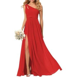 SAMHO Avondjurk met één schouder voor dames, chiffon, bruidsmeisjesjurk met zakken, lang, geplooid, A-lijn, split, Rood, 32