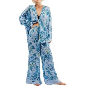 Dames Zomer Klassieke Knoopjes Lange Satijnen Zijden Pyjama Set(Blue flowers,X-Large)