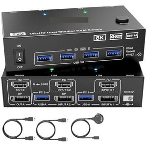 4K@144Hz KVM-switch 2 monitoren computers 8K@60Hz, KCEVE en Displayport Dual Monitor met 4 USB 3.0-poorten Naadloze Schakeling