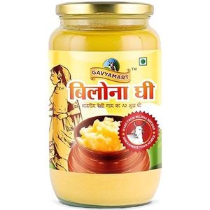 Gavyamart Ghee in voorraadkast, 100% pure Kankrej A2 Koe Desi Ghee - Gemaakt met behulp van traditionele Bilona Methode Ghee 1 liter - Glazen Ghee pot Pack Non GMO - A2 Ghee Koe Bio 1000ml