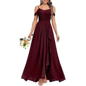 HPPEE Dames V-hals koude schouder bruidsmeisjes jurken met split ruches chiffon formele avondjurk, Bordeaux, 32