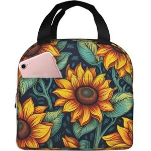 ZXERTG Lente Zonnebloemen Retro Bloemen Print Volwassen Lunch Tassen Geïsoleerde Lunch Tas Veelzijdige Ademend Hoge Dichtheid Oxford Stof Lunch Box