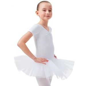 tanzmuster ® balletjurk meisjes korte mouwen - Nele - (maat 92-170) van katoen met glitterstenen, balletbody met tutu in wit, maat 128/134