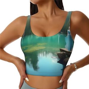 SABFWF Lake Fairy Print Yoga BH's, High Impact Support, Longline Design, voor Fitness, Hardlopen en meer, Zwart, S