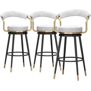 Draaibare barkrukken met barhoogte, set van 3, gestoffeerde Bar Stoelen van fluweel met holle rugleuning, Tegenstoelen voor keukeneiland, zwart metalen frame, zithoogte 75 cm, wit