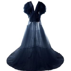 Gezwollen tule gewaad zwangerschapsjurk voor fotoshoot pure lange lingerie babyshower zwangerschap fotografie dressing AH060, Donkerblauw, 44