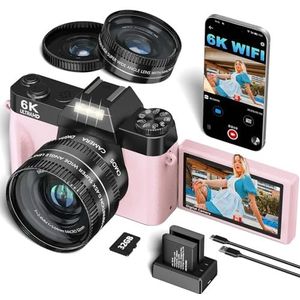 VJIANGER 4K Vlogging Camera voor YouTube 48MP Digitale Camera voor Fotografie en Video met Flip Screen, Manualfocus, 16X Digitale Zoom, 52mm Groothoek & MacroLens, 32GB TF-kaart, 2 Batterijen (Roze)
