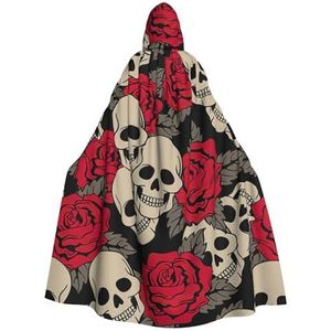 Bxzpzplj Zwarte schedel met rozen dames heren volledige lengte carnaval cape met capuchon cosplay kostuums mantel, 185 cm