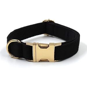 Zwart fluwelen hondentuigje, gepersonaliseerde duurzame halsband met goudkleurige metalen gespen, halsband en riem (kleur: kraag gouden gesp, maat: M hals 42-48 cm)