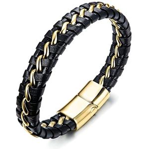Malinsi Armband heren - Goud - Gevlochten RVS Leer - Armbandje Mannen 21 cm - Cadeau voor Man - Vaderdag Armbandjes - Geschenk - Verjaardag (Goud)