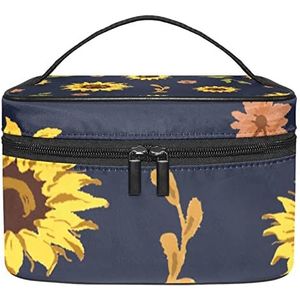 Gele zonnebloemen marine achtergrond make-up organizer tas, reizen make-up tas organizer case draagbare cosmetische tas voor vrouwen en meisjes toiletartikelen, Meerkleurig, 22.5x15x13.8cm/8.9x5.9x5.4in