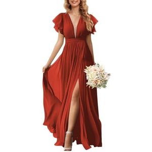 KURFACE Flutter mouw V-hals chiffon bruidsmeisjes jurken voor vrouwen met split ruches lange formele jurk avondjurk, Roest, 32