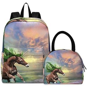 Eenhoorn paard kunst boekentas lunchpakket set schouder rugzak boekentas kinderrugzak geïsoleerde lunchbox-tas voor meisjes jongens, Patroon., Medium