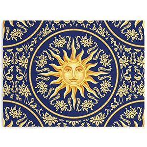 Celestial Barok Blauw Goud Zon Gezicht Kunstwerk voor Thuis Muur Decor Canvas Schilderij Retro Poster Unframe-stijl