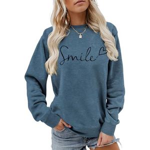 MLZHAN Smile Love Heart Print Vrouwen Sweatshirt Ronde Hals Lange Mouw Truien Herfst Winter Streetwear Causale Jas Tops, Blauw, S