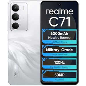realme C71 4G Smartphone, display van 6,67 inch tot 120 Hz, batterij met 6000 mAh, 8 + 256 GB intern geheugen, camera met 50 MP, chipset Octa-Core T7250, witte zwaan, zonder adapter