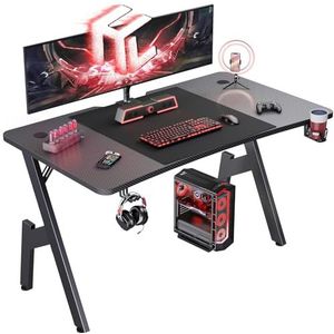 HLONONE Gaming Bureau 120 x 60cm, Gaming Tafel, Stabiel PC-tafel met koolstofvezel tafelblad, Ergonomisch Computerbureau met Bekerhouder Hoofdtelefoonhaak, Zwart