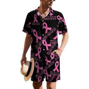Roze borstkanker bewustzijn heren Hawaiiaanse pak set 2-delig strand outfit korte mouw shirt en korte broek bijpassende set