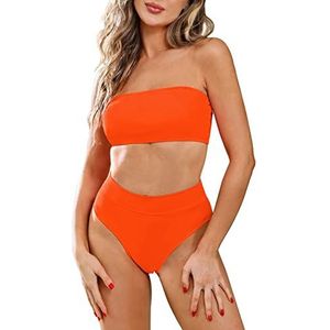 Viottiset Vrouwen Strapless Bandeau Bikini Set Badpak Hoge Taille Badmode, 01-oranje, L