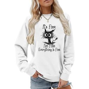 MLZHAN It's Fine I'm Fine Everything is Fine Dames Sweatshirt Grappig Explosief Haar Kat Print Shirts Lange Mouw Truien Top, Wit, XL