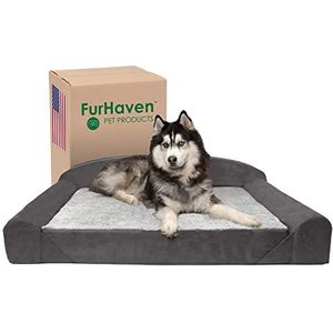 Furhaven Luxe editie Faux Fur & Suede Sofa-Style Solid Slab Orthopedisch Foam Hondenbed - Steengrijs, Jumbo (XL)