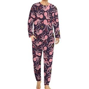 Roze Oceaan Leuke Octopus Zeester Mannen Pyjama Set Lounge Wear Lange Mouw Top En Onderkant 2 Stuk Nachtkleding
