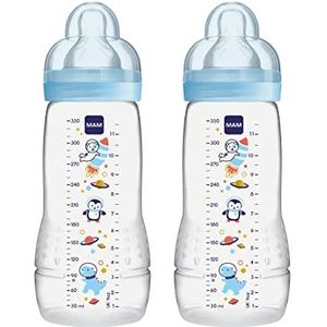MAM Easy Active Baby Bottle with Fast Flow MAM Teats Size 3, Twin Pack of Baby Bottles, Baby Feeding, 330 ml, Blue (Designs May Vary)