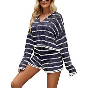 OHERUWKLS Gestreepte Gebreide Top Met Lange Mouwen En Casual Shorts Voor Dames 2-Delige Outfits,Blauw,L