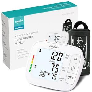 EUROPAPA Bloeddrukmeter, bovenarm voor thuisgebruik, hartslagmeting, bloeddrukmeting met grote manchet (22-42 cm), 2 x 60 geheugen, dual user (wit)