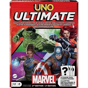 Mattel Games UNO Ultimate Marvel-kaartspel met 4 karakterdekken, 4 verzamelbare foliekaarten en speciale regels, 2-4 spelers, 2e editie