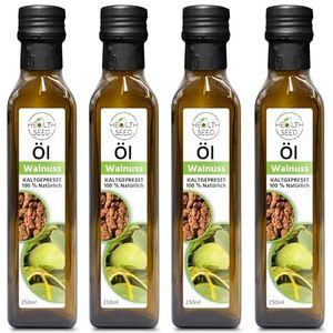 Health Seed® 4 x 250 / 1000 ml - ongefilterde walnootolie - 100% zuiver koudgeperste glazen fles - vers van de fabrikant