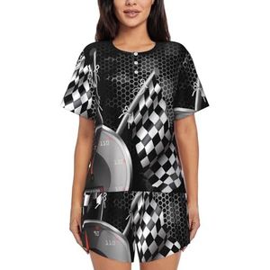 RIVETECH Pyjama met geruite vlag en raceprint voor dames met korte mouwen - comfortabele korte sets, nachtkleding met zakken, Zwart, XL