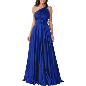 HPPEE Bruidsmeisjesjurken met één schouder voor dames, geplooid, mouwloos, satijn, baljurk, lange baljurk, koningsblauw, 32
