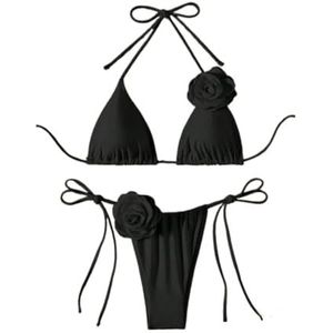 Tweedelige dames sexy rugloze bikiniset, schattig dameszwempak, driehoekige badkleding for strand en vakantie(Color:Black,Size:S)