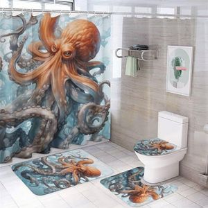 DEBAOKA Vintage Octopus 4 Stuks Douchegordijn Sets Oranje Dieren Natuur Oceaan Badkamer Decor Set Badkamer Accessoire Sets met Tapijten En Toilet Deksel Cover