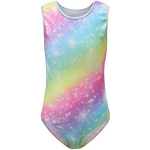 Sinoem Turnpakje, gympakje, voor meisjes, eendelig, met kleurverloop en glitters, voor dans, ballet, turnen, 5 - 12 jaar, regenboogkleuren zonder mouwen